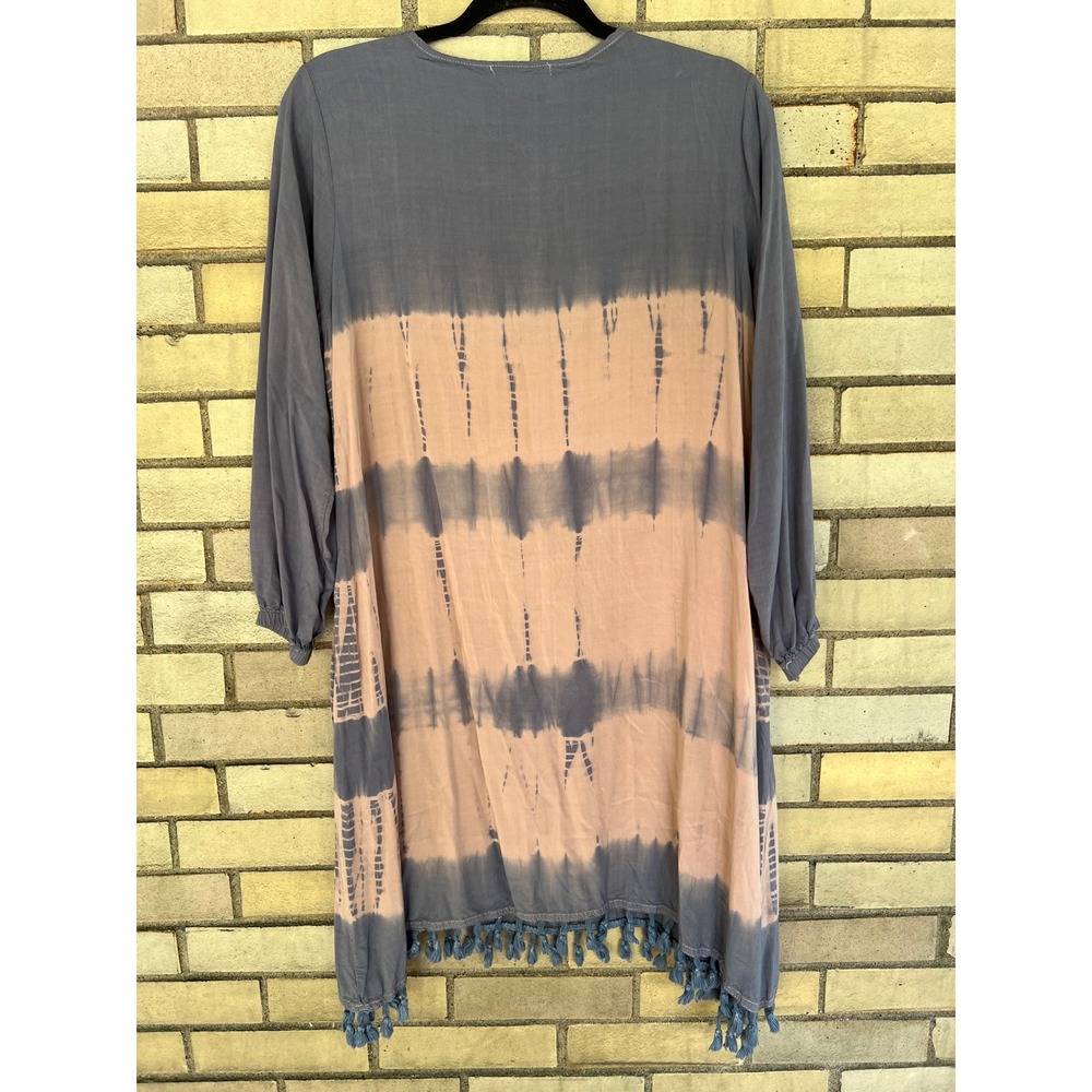 Hyena Tie Dye Tassel Trim Long Sleeve Dress Blue Tan Beachy Size Medium - Picture 5 of 5